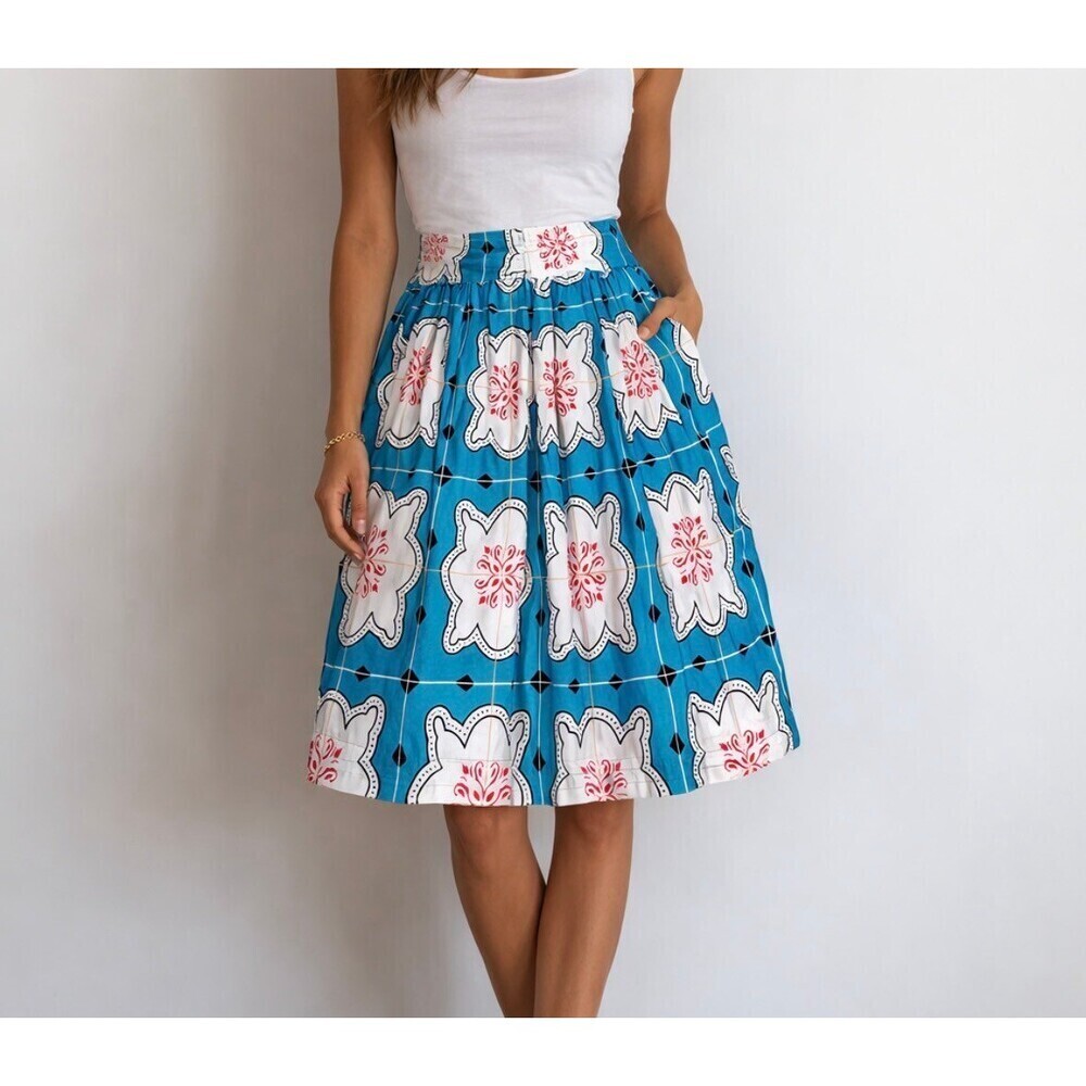 DOWNEAST Basics Drop Pleats Full Skirt TOURQUOISE Blue Red White SZ LG
